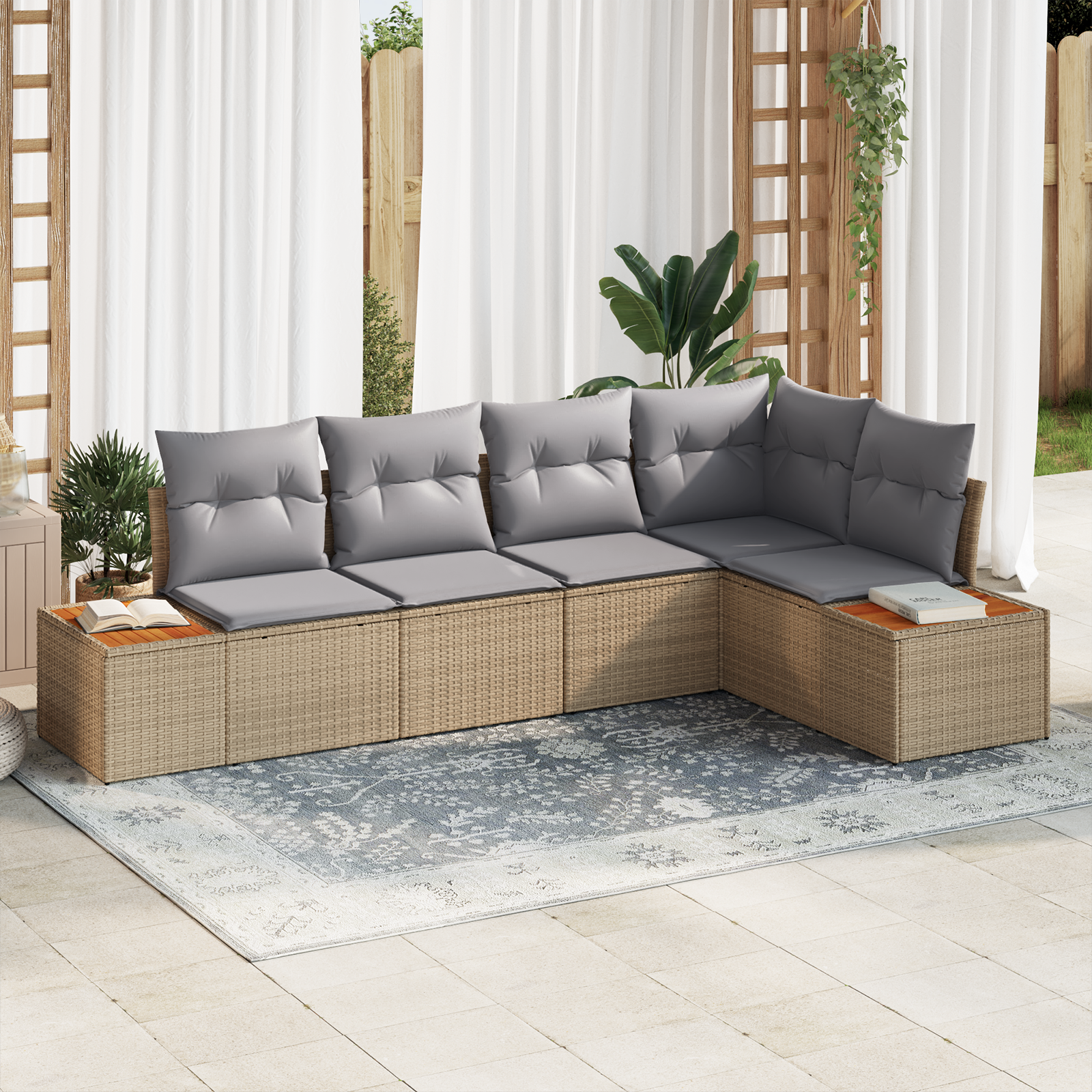 Set di Divani da Giardino 5 Pezzi con Cuscini in Rattan Beige Polietilene