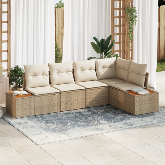 Set di divani da giardino  5 pezzi con cuscini beige in polyrattan acacia