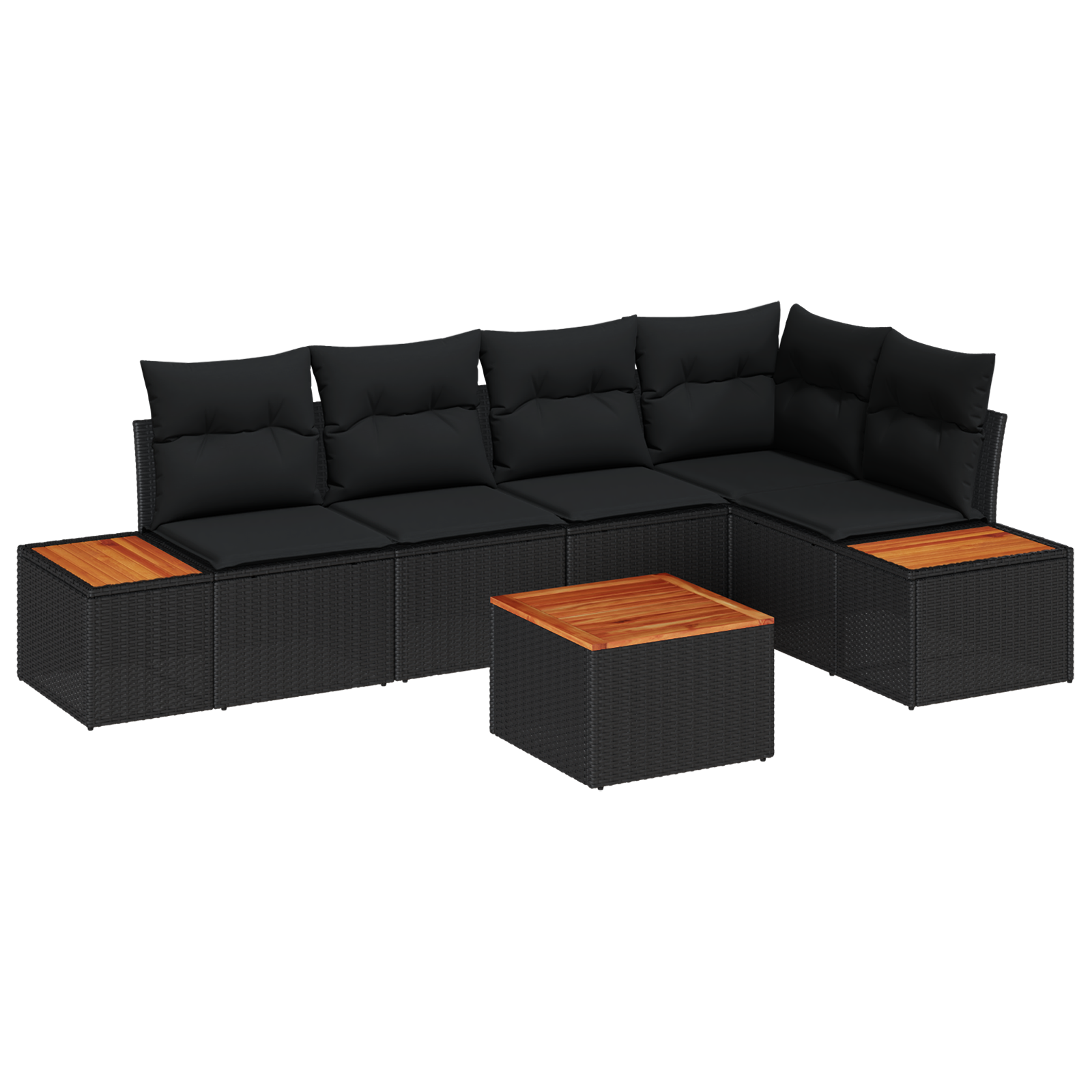 Set Divano da Giardino con Cuscini da 6 Pezzi Nero Polyrattan Acacia