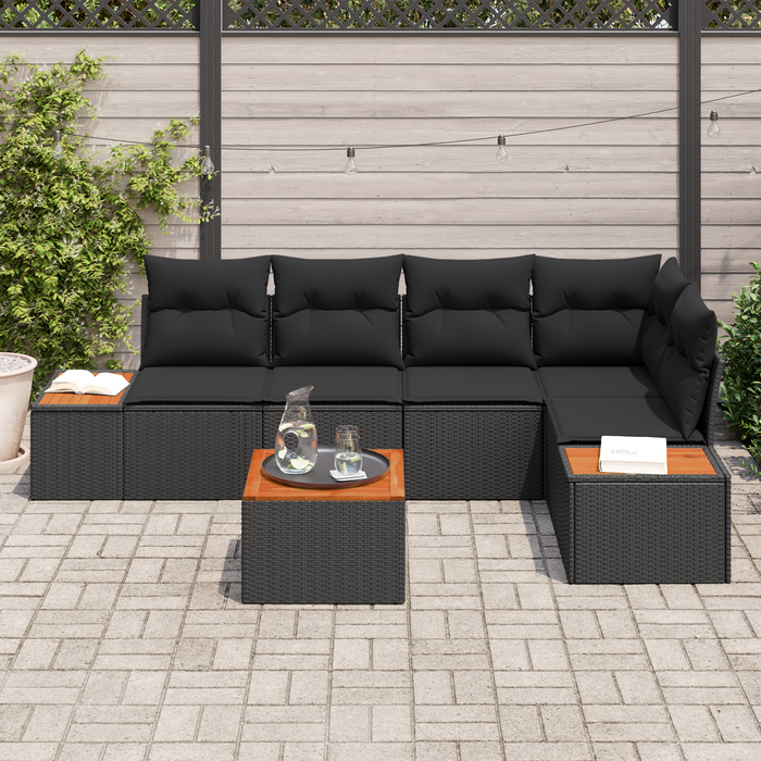 Set Divano da Giardino con Cuscini da 6 Pezzi Nero Polyrattan Acacia