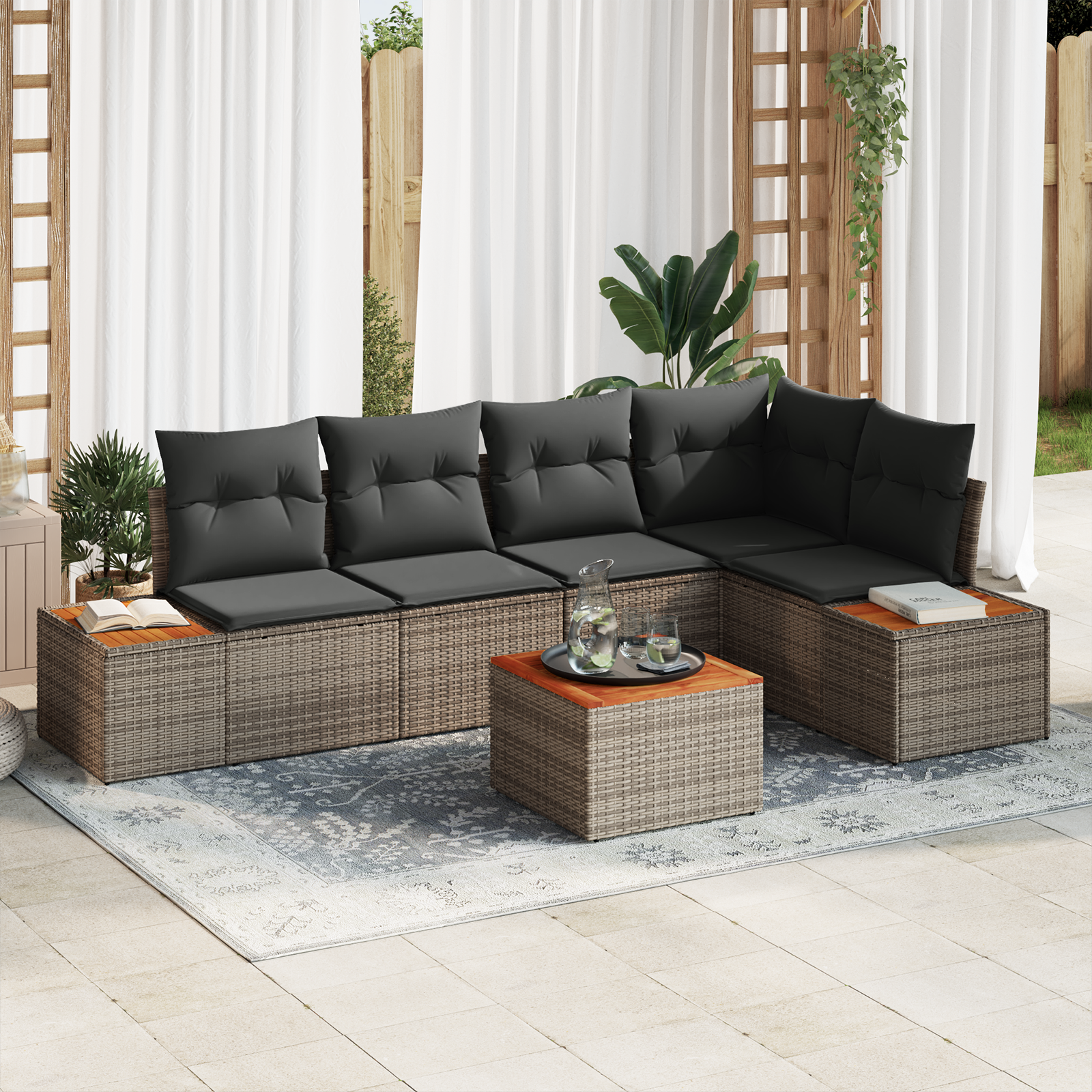 Set di Divano da Giardino 6 Pezzi con Cuscini Grigio Polyrattan Acacia