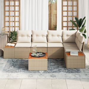 Set Divano da Giardino  di 6 Pezzi con Cuscini Beige in Rattan Polietilene Acacia