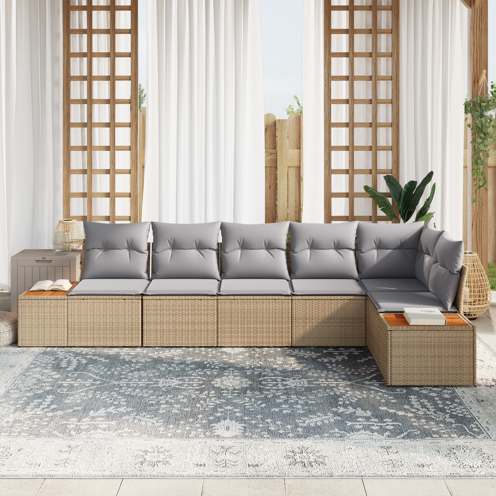 Set di divani da giardino 6 pezzi con cuscini beige polyrattan acacia