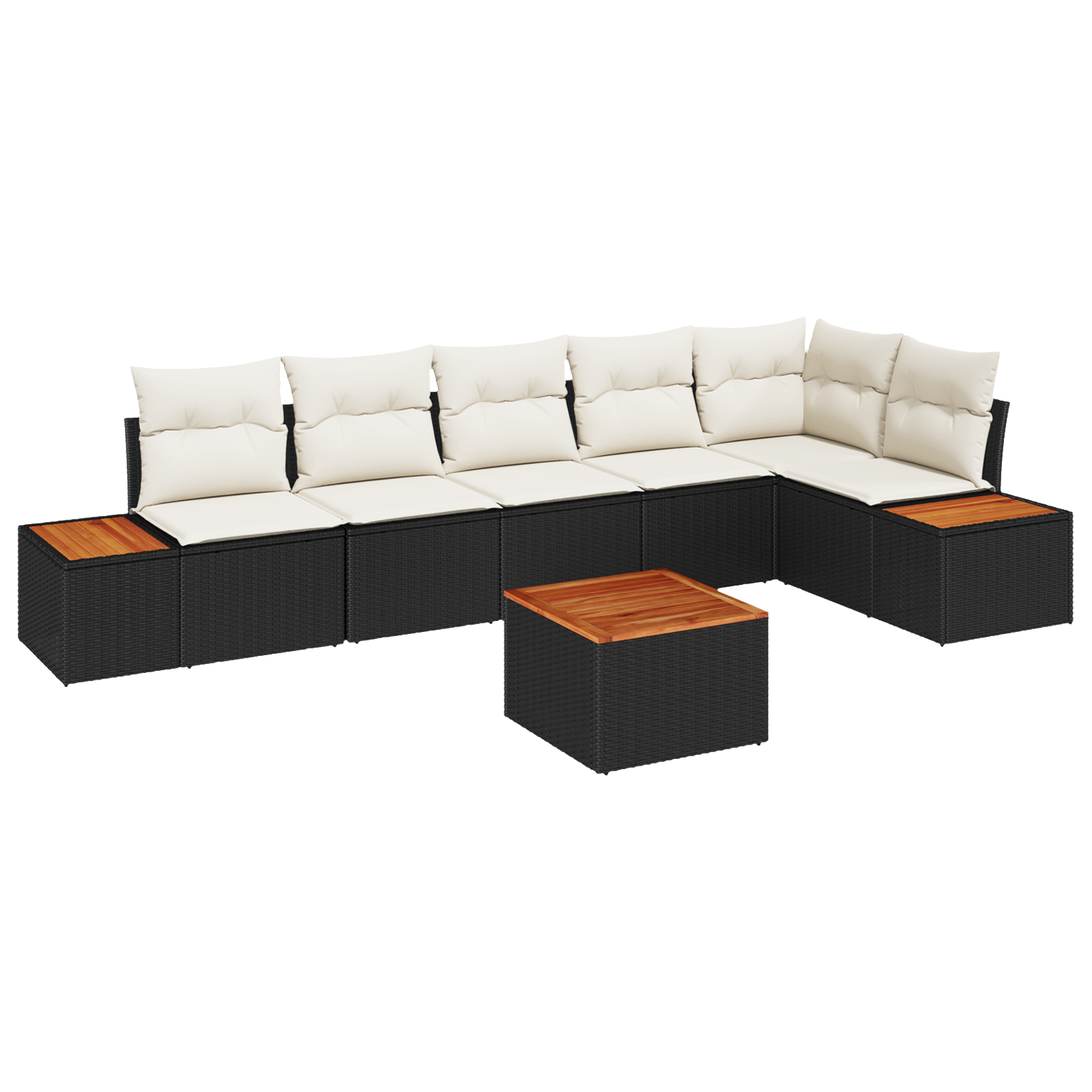 Set Divano da Giardino 7 Pezzi con Cuscini Rattan Nero Poli Acacia