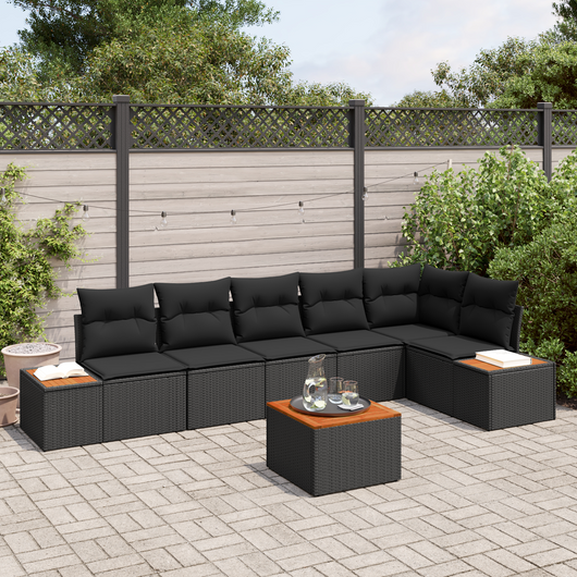 Set Divano da Giardino con 7 Pezzi e Cuscini Nero Polyrattan Acacia