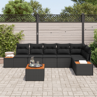 Set Divano da Giardino con 7 Pezzi e Cuscini Nero Polyrattan Acacia
