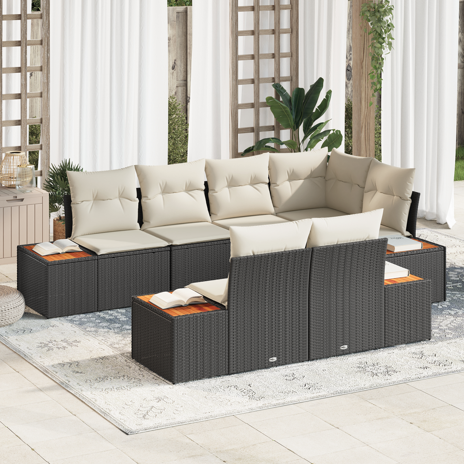 Set Divano da Giardino  a 7 Pezzi con Cuscini Nero Polyrattan Acacia