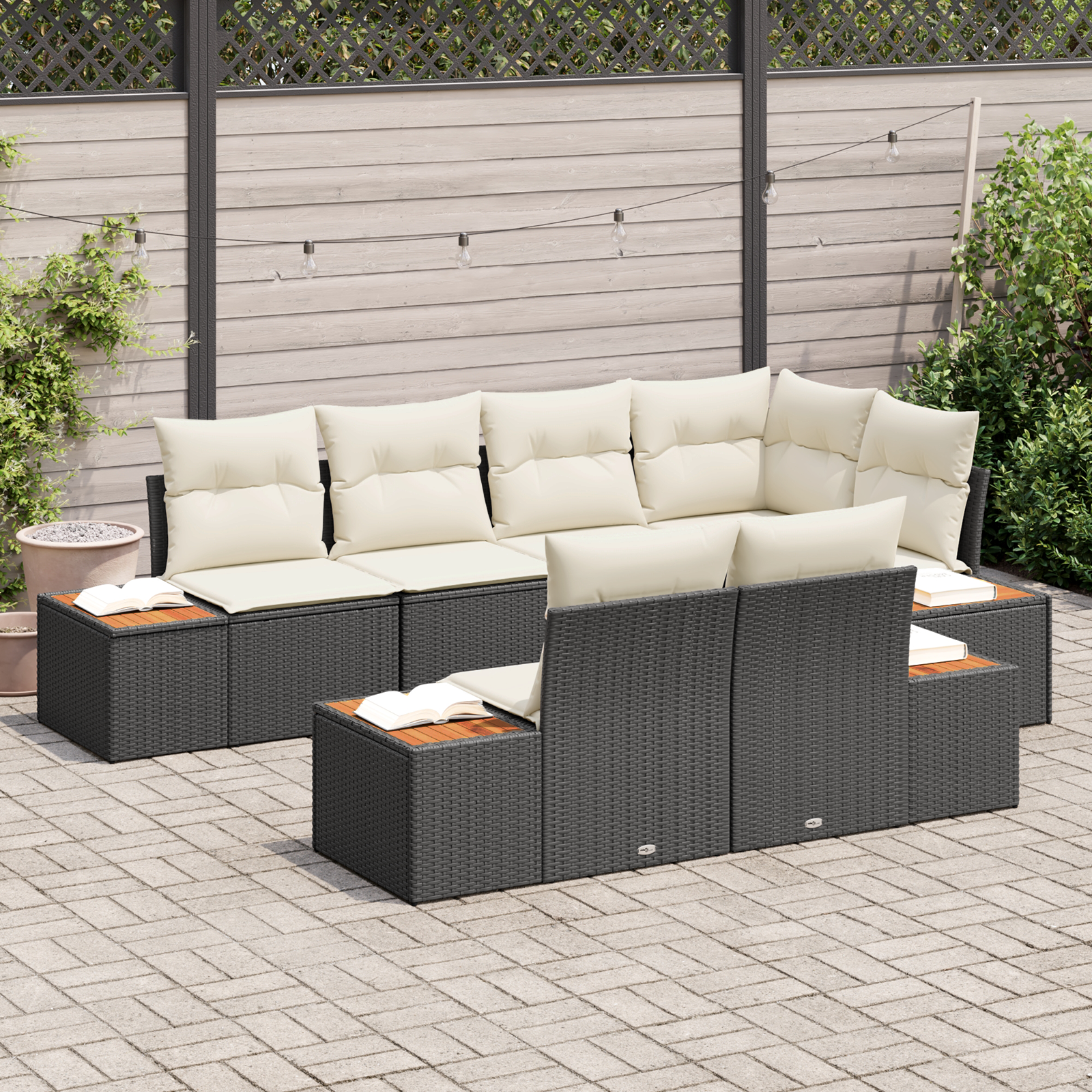 Set Divano da Giardino  a 7 Pezzi con Cuscini Nero Polyrattan Acacia