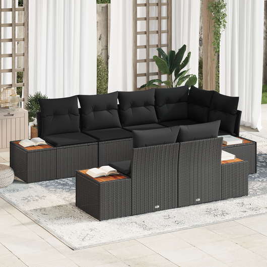 Set Divani da Giardino  7 Pezzi con Cuscini Nero Polyrattan Acacia