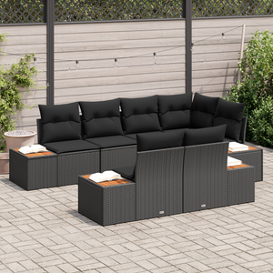 Set Divani da Giardino  7 Pezzi con Cuscini Nero Polyrattan Acacia