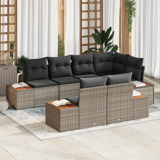 Set di divano da giardino  a 7 pezzi con cuscini grigi in polyrattan e acacia