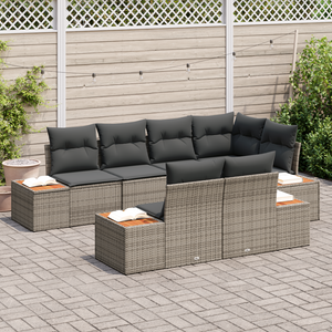 Set di divano da giardino  a 7 pezzi con cuscini grigi in polyrattan e acacia