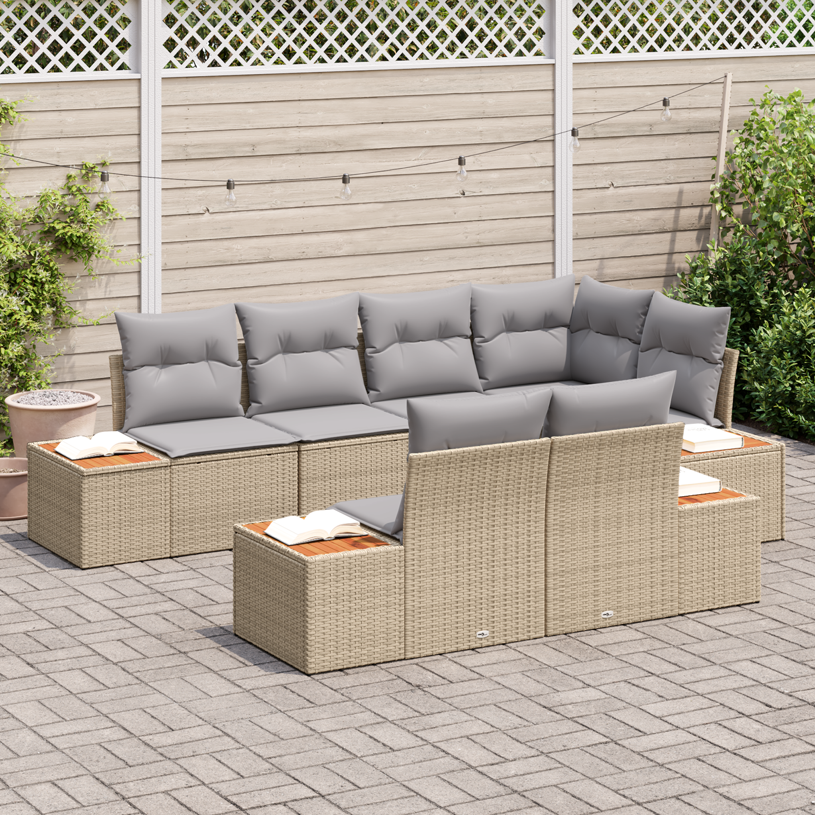 Set di Divani da Giardino  7 Pezzi con Cuscini Beige Polyrattan Acacia