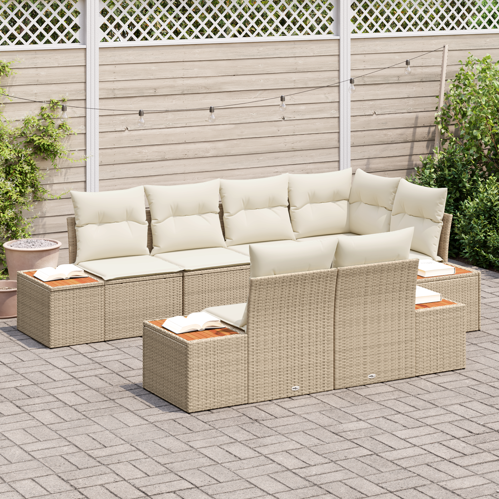 Set di Sofà da Giardino 7 Pezzi con Cuscini Beige Rattan Poliestere Acacia