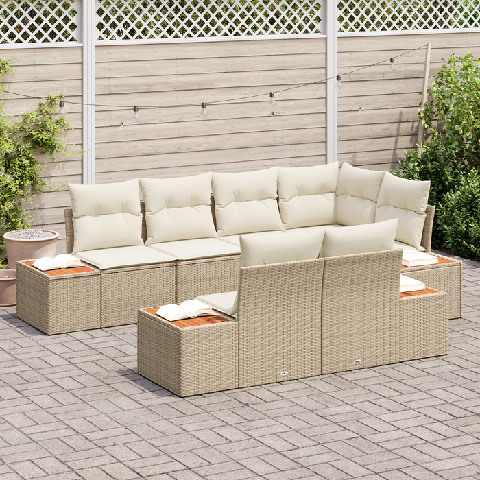 Set di Sofà da Giardino 7 Pezzi con Cuscini Beige Rattan Poliestere Acacia