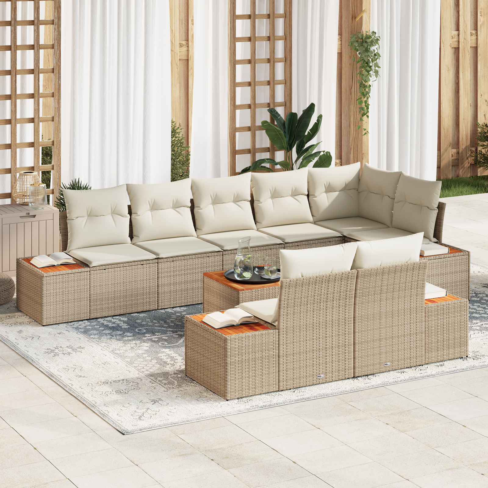 Set divani da giardino  9 pezzi con cuscini Beige Rattan