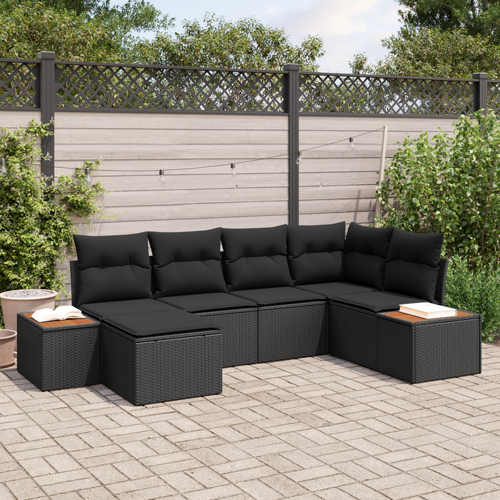 Set Divano da Giardino 6 Pezzi con Cuscini Neri Polyrattan Acacia