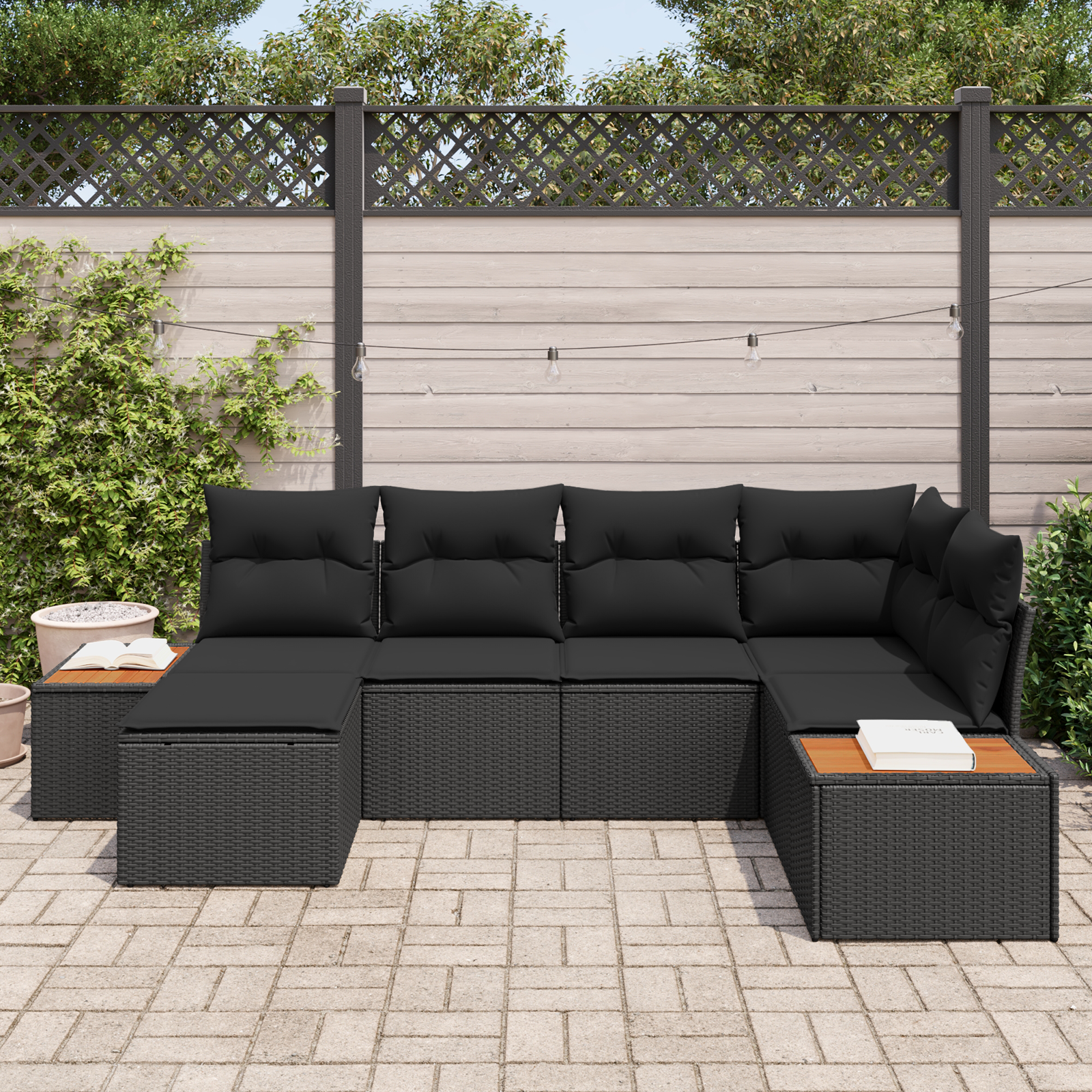 Set Divano da Giardino 6 Pezzi con Cuscini Neri Polyrattan Acacia