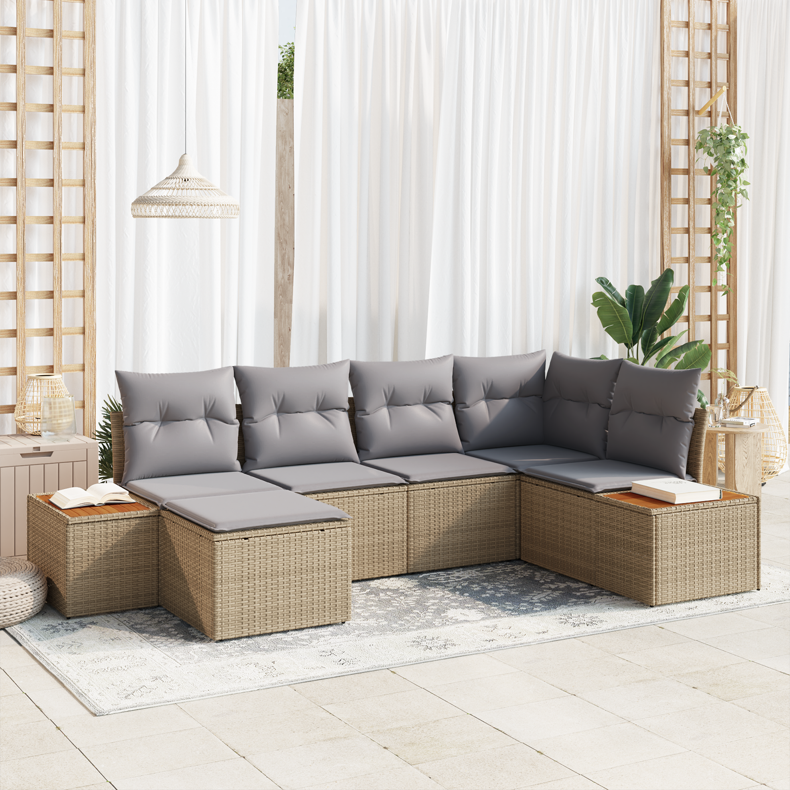 Set divani da giardino a 6 pezzi con cuscini Beige Polirattan Acacia