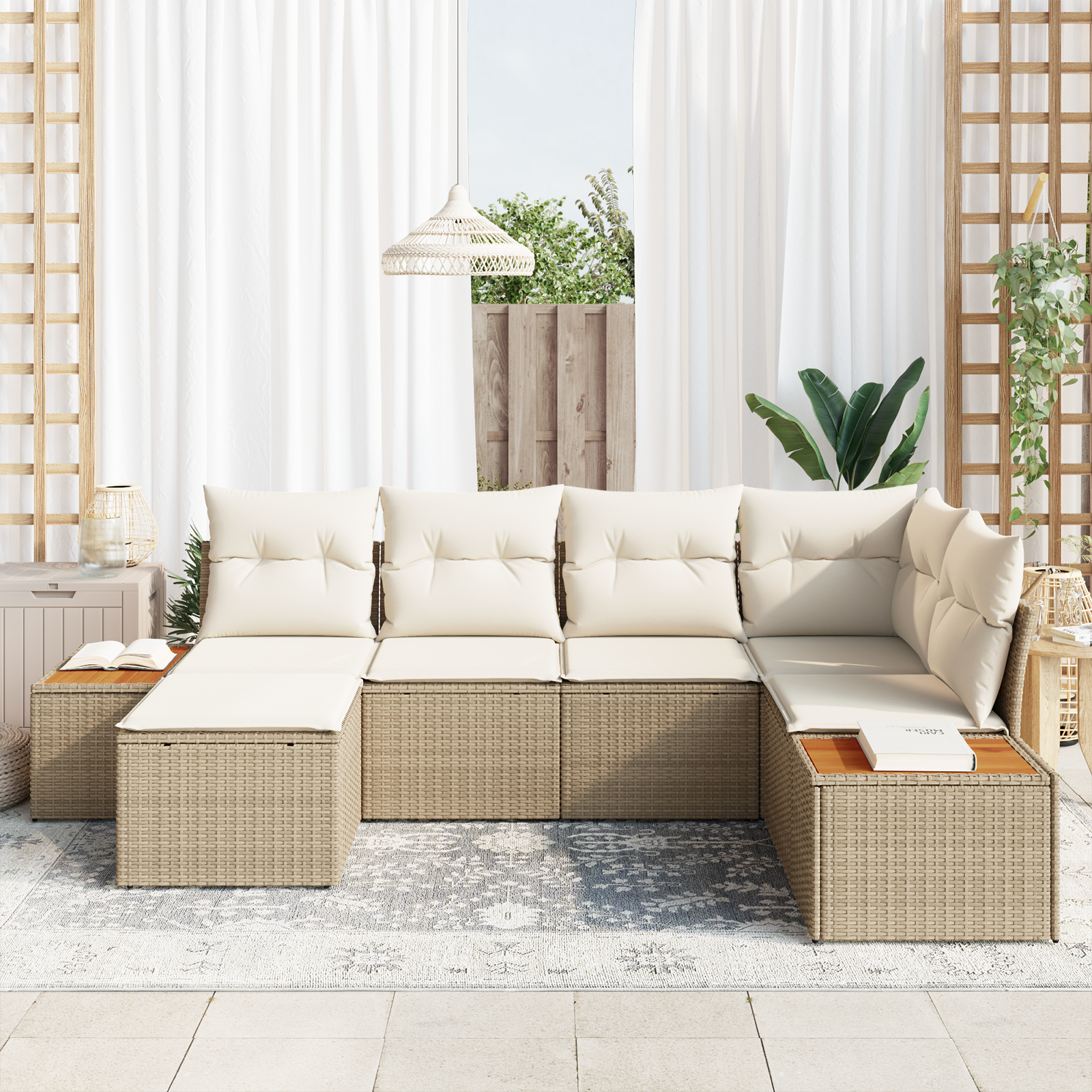 Set di Divani da Giardino  con Cuscini Beige Polyrattan Acacia