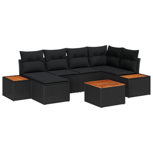 Set Giardino  7 Pezzi con Cuscini in Polirattan Nero