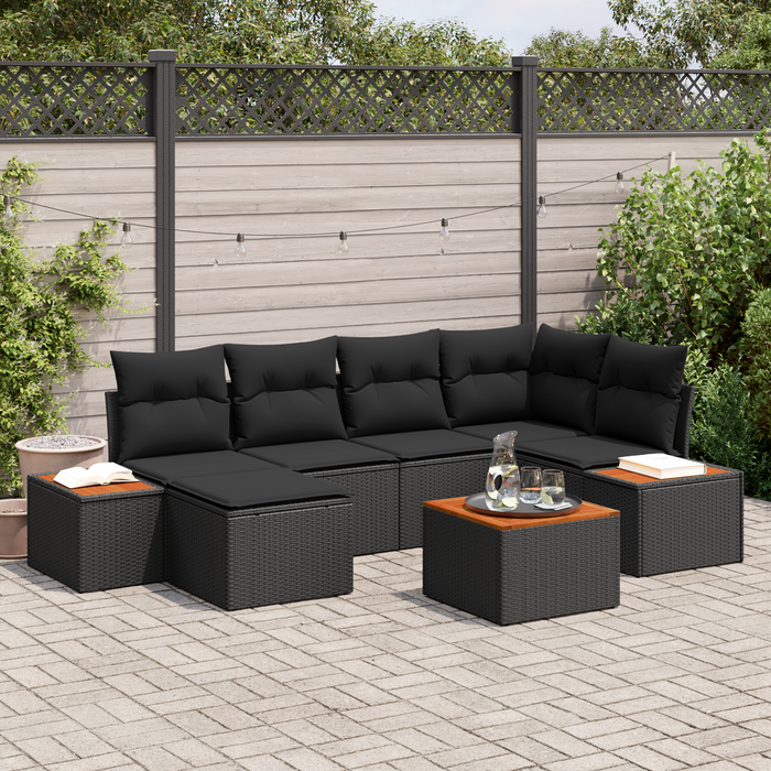 Set Giardino  7 Pezzi con Cuscini in Polirattan Nero