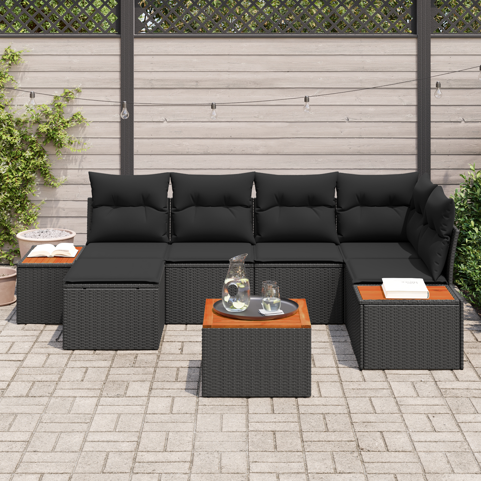 Set Giardino  7 Pezzi con Cuscini in Polirattan Nero