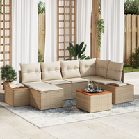 Set Divano da Giardino  7 Pezzi con Cuscini Beige Polyrattan Acacia