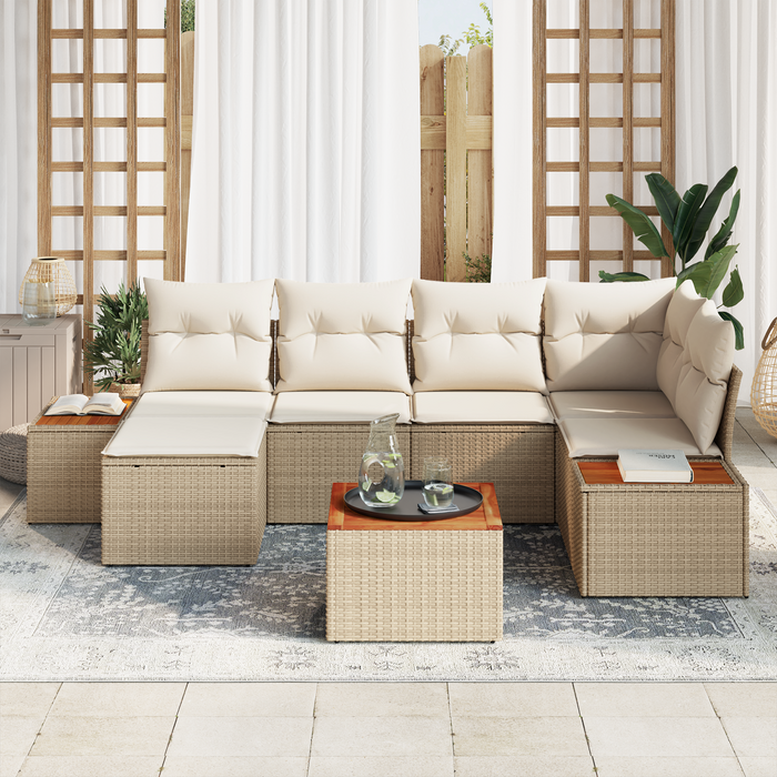 Set Divano da Giardino  7 Pezzi con Cuscini Beige Polyrattan Acacia