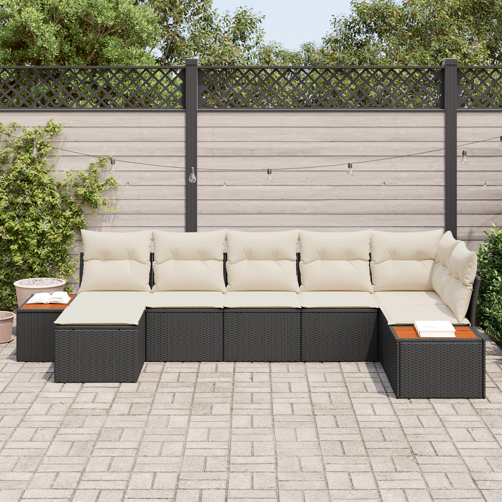 Set Divano Giardino 7 Pezzi Cuscini Nero Rattan Poly Acacia