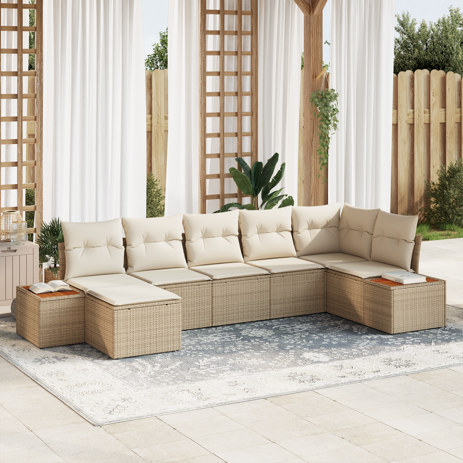 Set di Sofà da Giardino con Cuscini Beige Poly Rattan Acacia 7 Pezzi