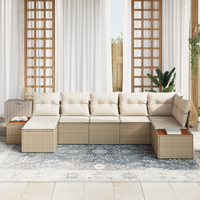 Set di Sofà da Giardino con Cuscini Beige Poly Rattan Acacia 7 Pezzi