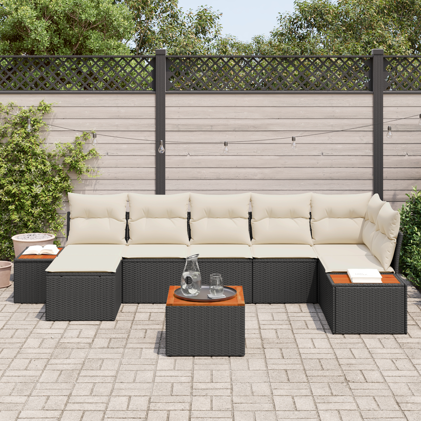 Set Divano da Giardino  8 Pezzi con Cuscini Nero Polirattan Acacia