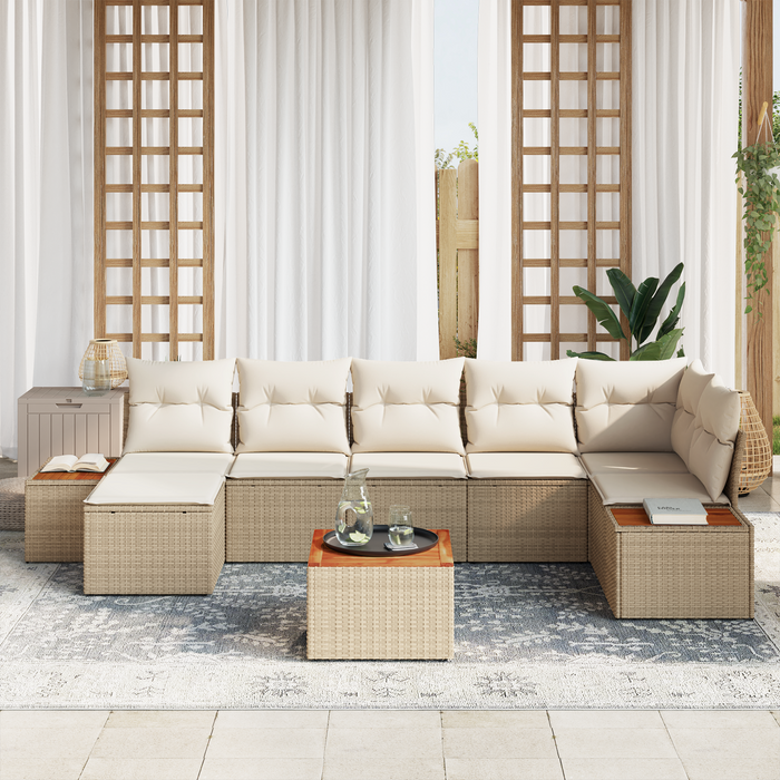 Set divano da giardino 8 pezzi con cuscini in rattan poliestere beige e acacia