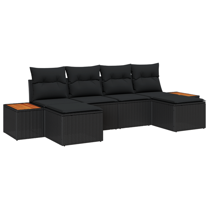 Set Divano Giardino 6 Pezzi con Cuscini Nero Polyrattan Acacia