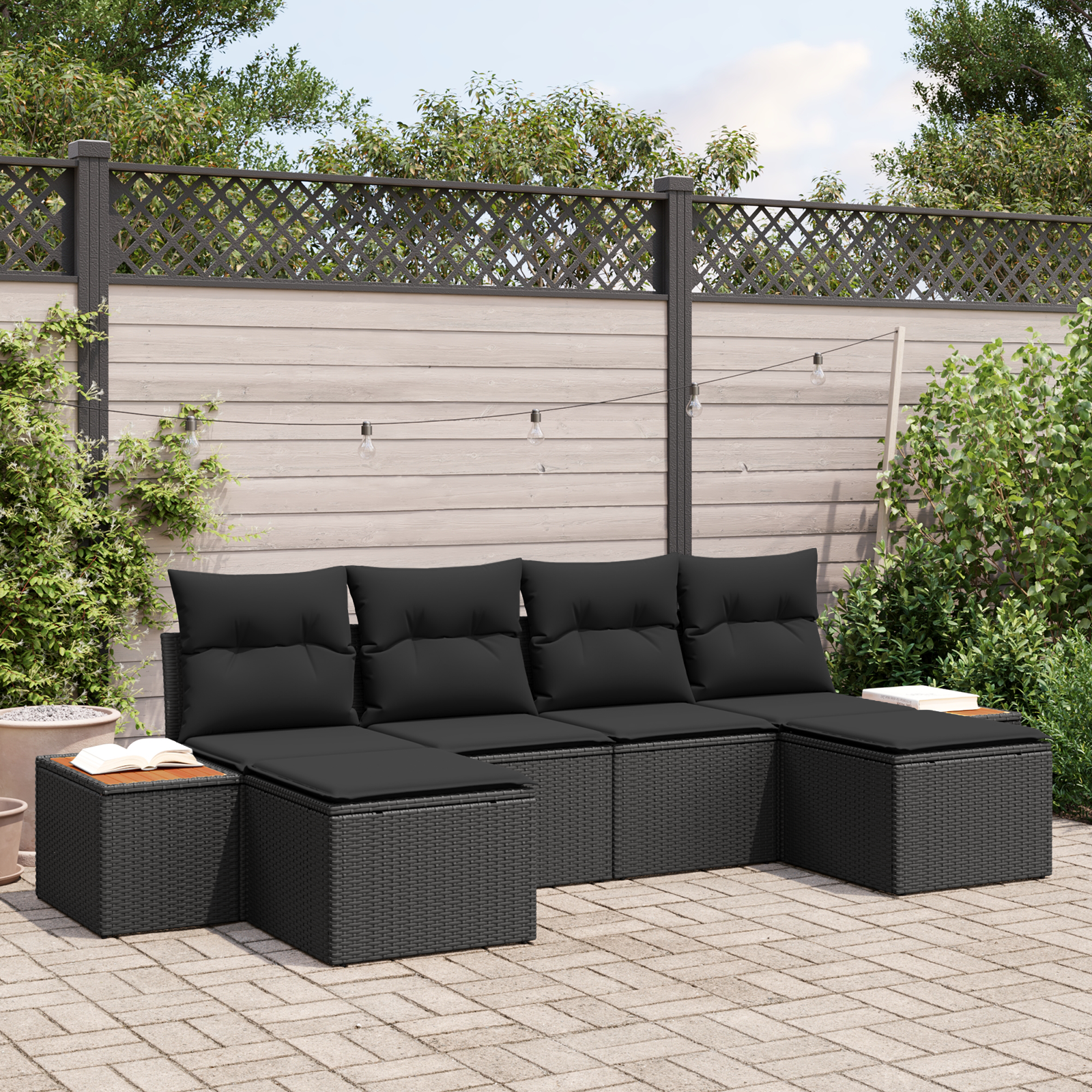 Set Divano Giardino 6 Pezzi con Cuscini Nero Polyrattan Acacia