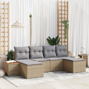 Set Divano Giardino 6 Pezzi Con Cuscini Beige Polirattan Acacia