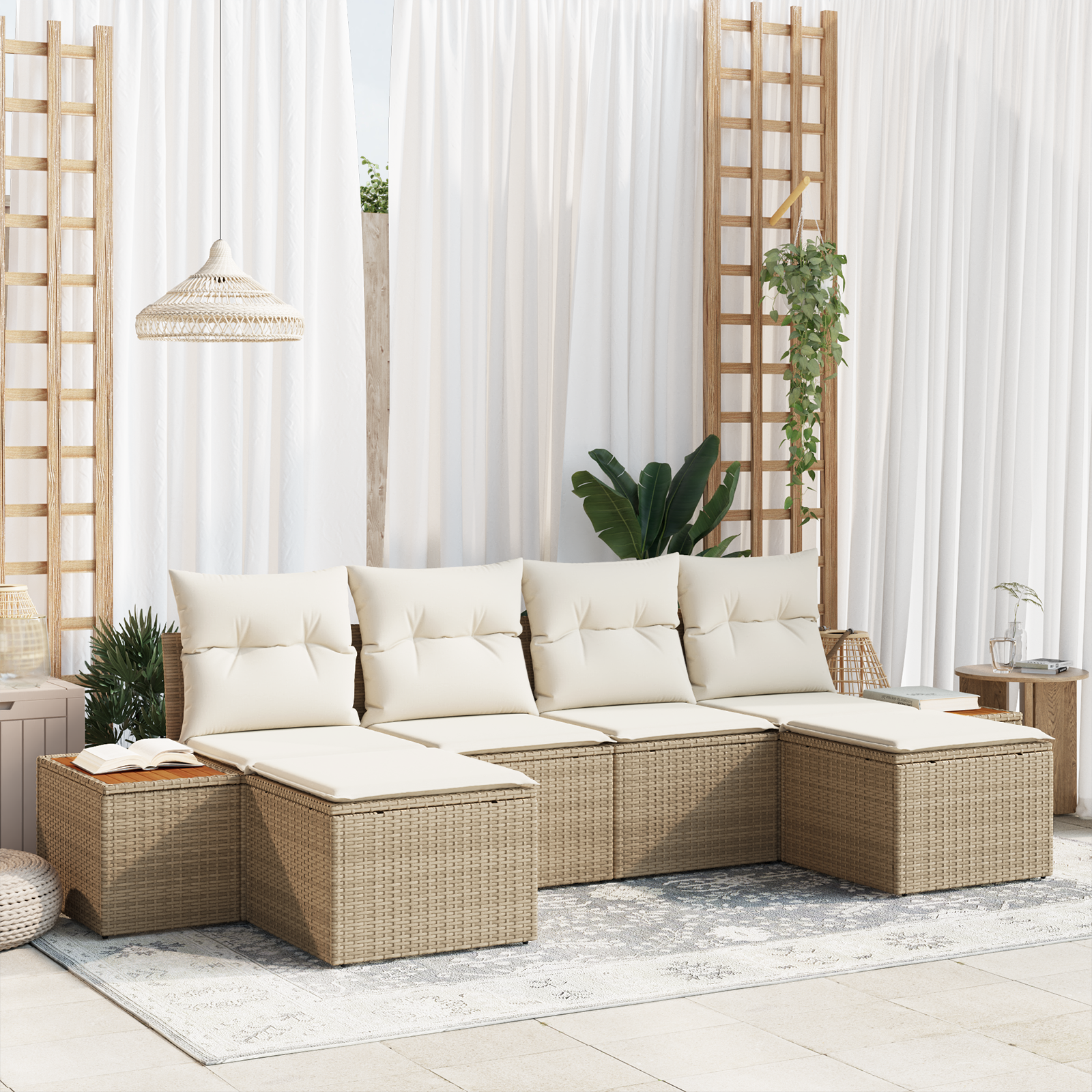 Set di divani da giardino con 6 pezzi e cuscini beige in rattan polimerico e acacia