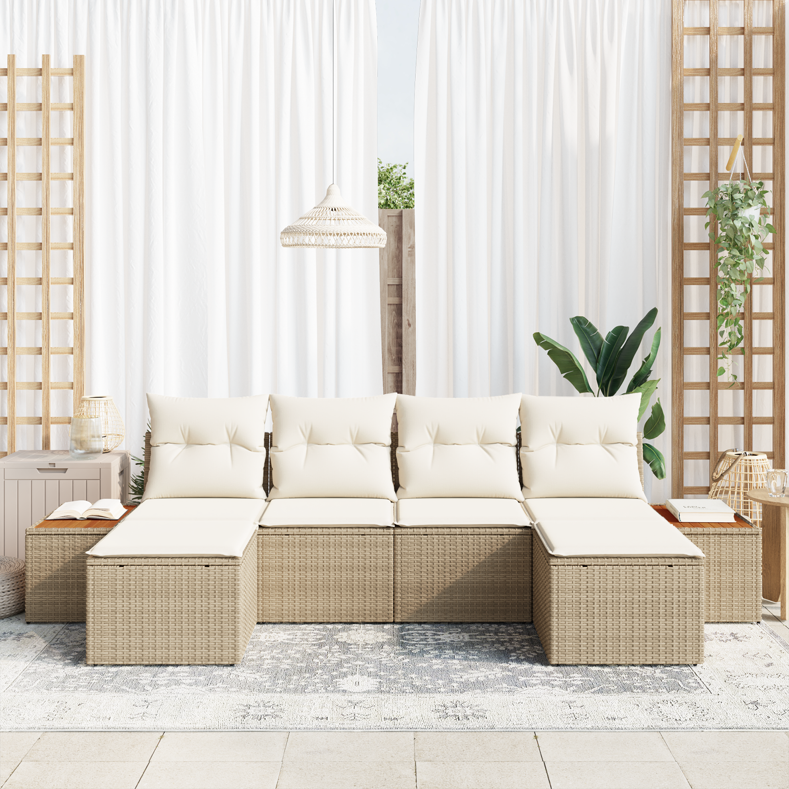 Set di divani da giardino con 6 pezzi e cuscini beige in rattan polimerico e acacia