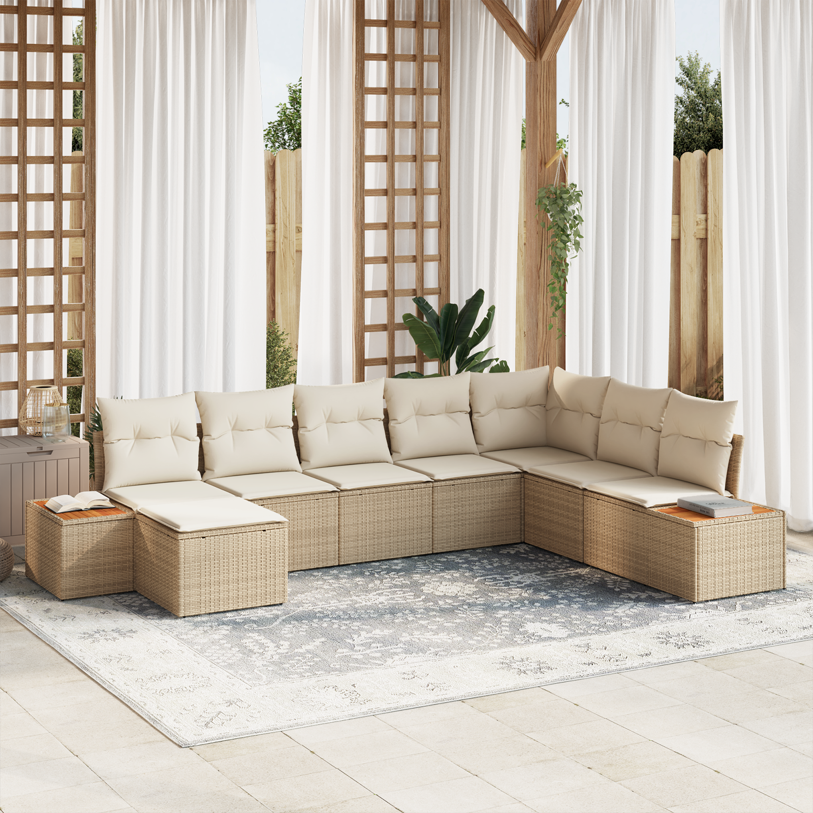 Set Divano da Giardino 8 Pezzi con Cuscini Beige Rattan Poliacacia
