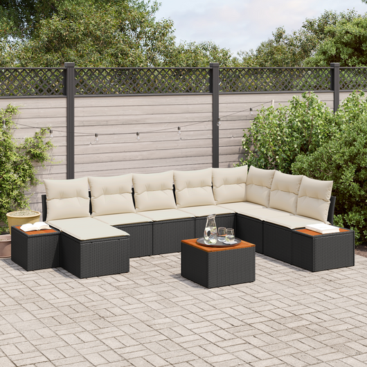 Set divano da giardino  9 pezzi con cuscini in polyrattan nero e acacia