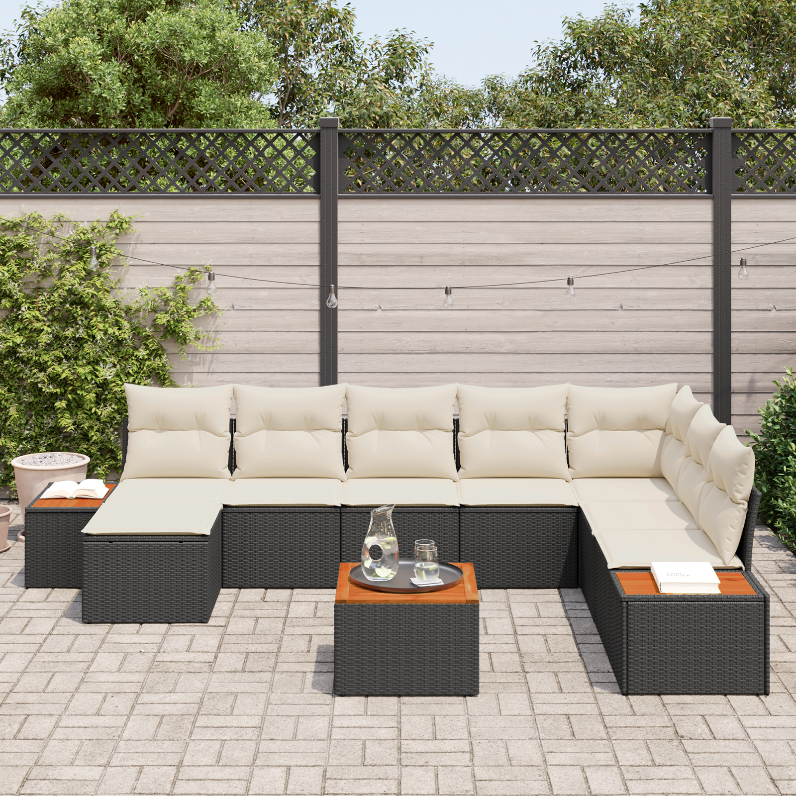 Set divano da giardino  9 pezzi con cuscini in polyrattan nero e acacia