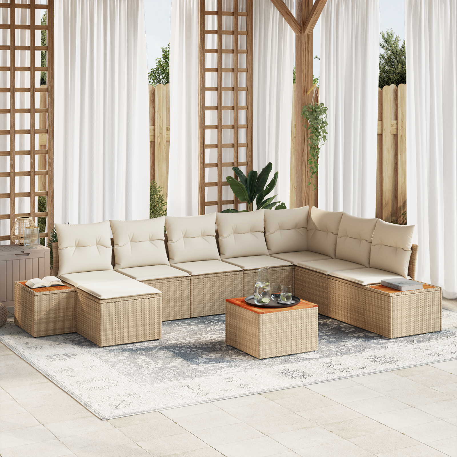 Set Divano da Giardino  da 9 Pezzi con Cuscini Beige in Polyrattan e Acacia