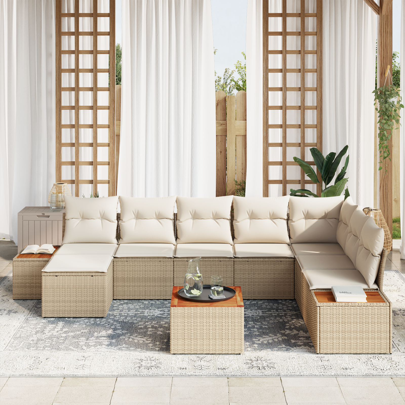 Set Divano da Giardino  da 9 Pezzi con Cuscini Beige in Polyrattan e Acacia