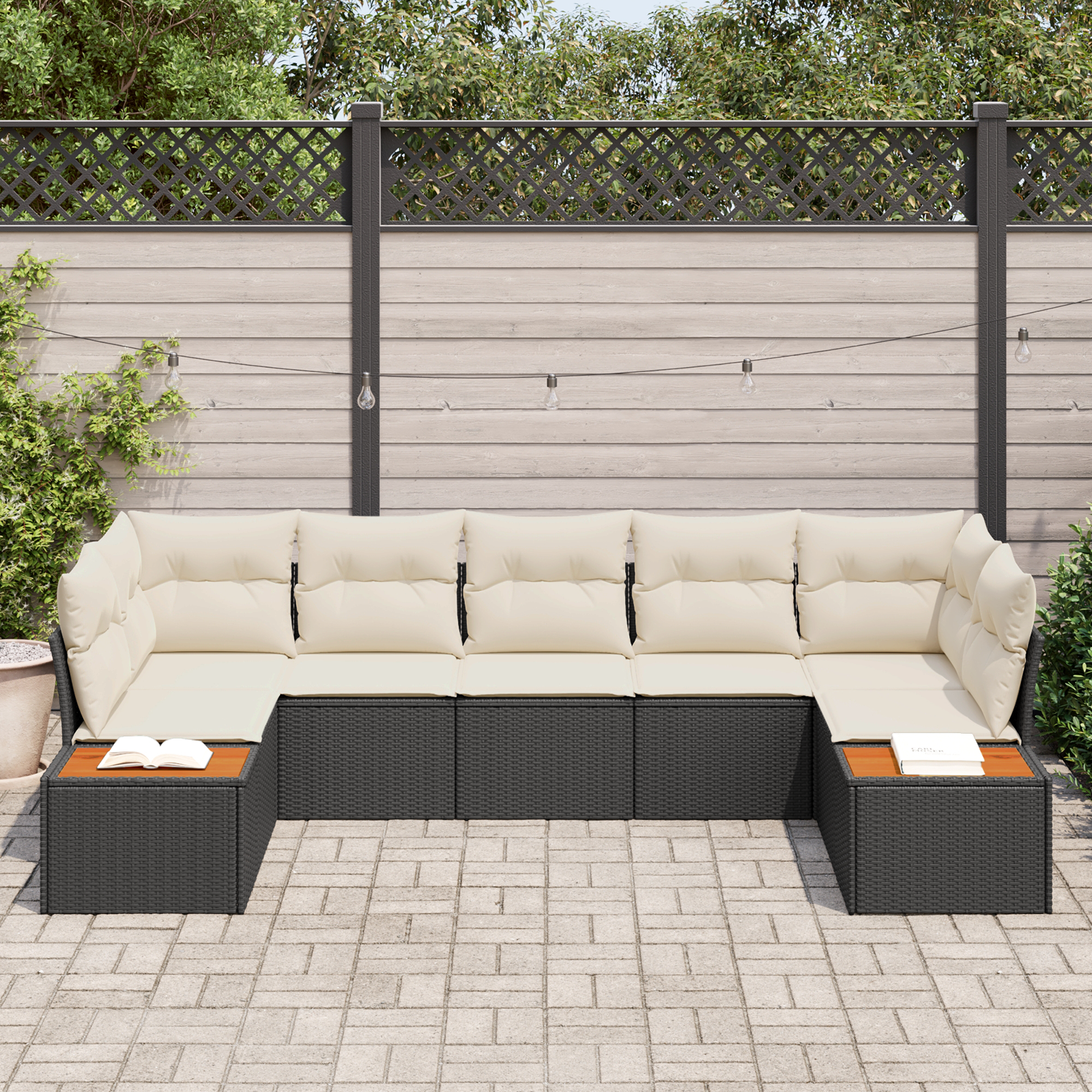 Set di divano da giardino a 7 pezzi con cuscini in Polyrattan nero Acacia