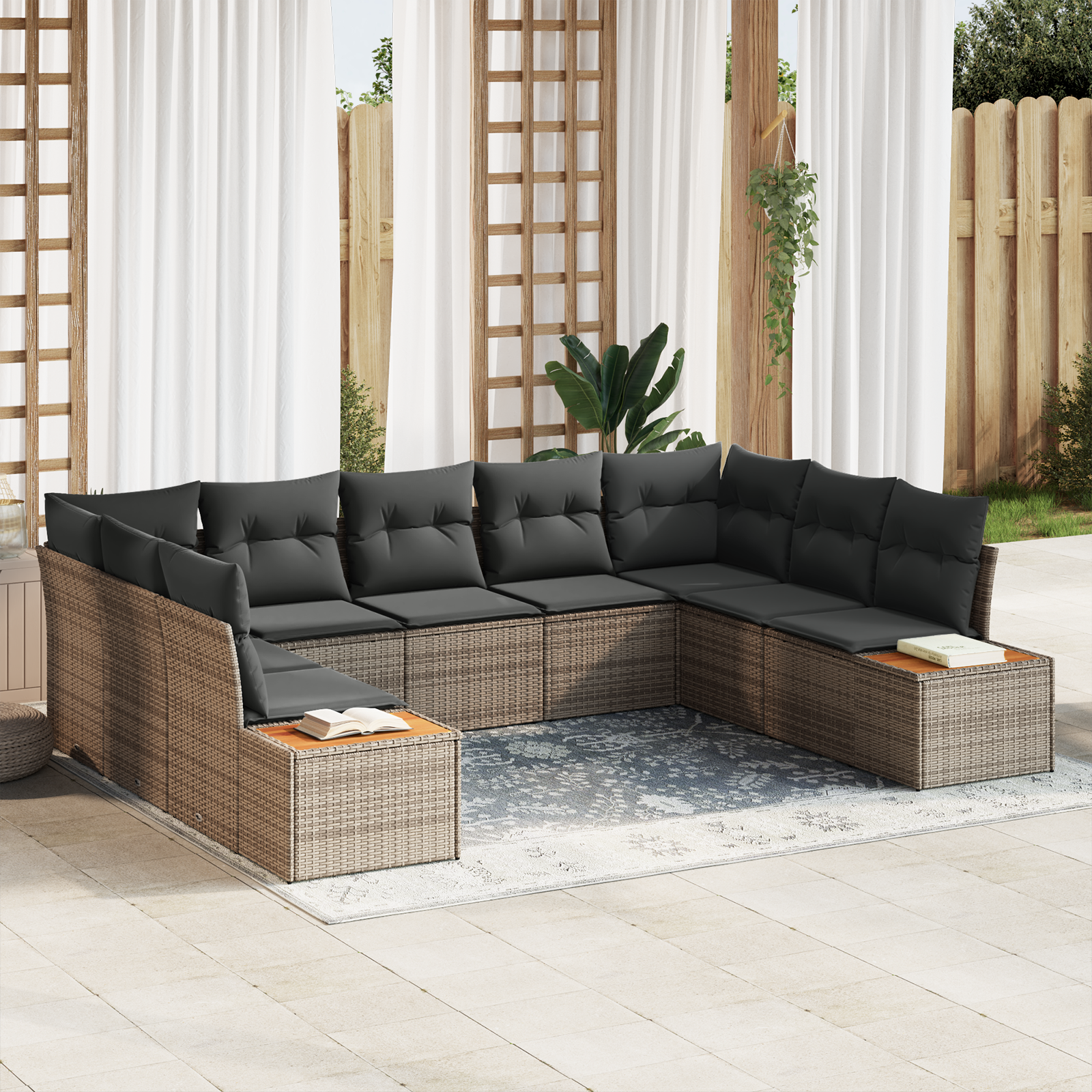 Set di divani da giardino 5 pezzi con cuscini Grigio Rattan in poliestere