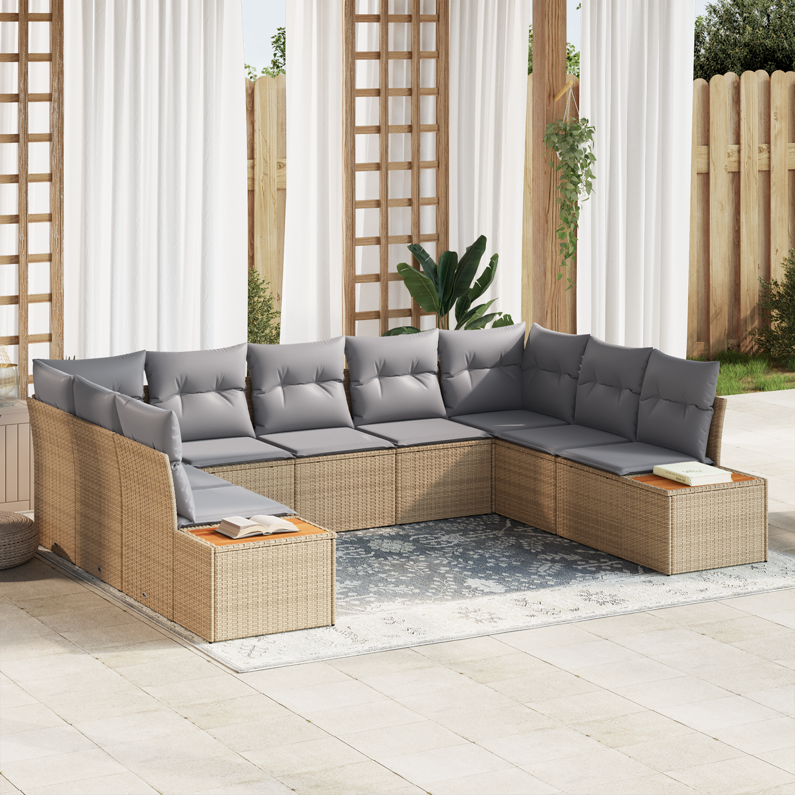 Set di Divano da Giardino 5 Pezzi con Cuscini Beige Polyrattan Acacia