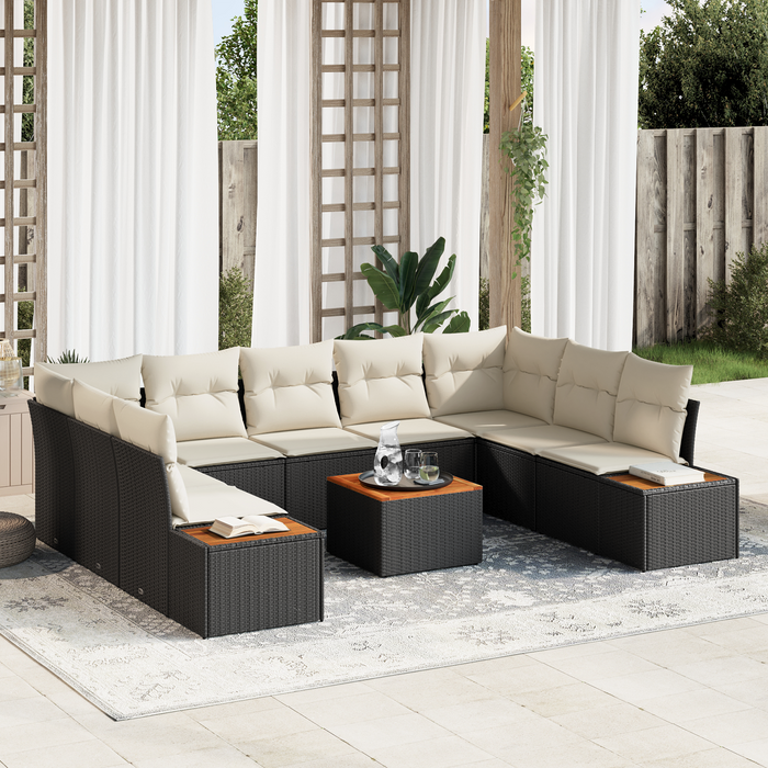 Set di Divani da Giardino  6 Pezzi con Cuscini Nero Polyrattan Acacia
