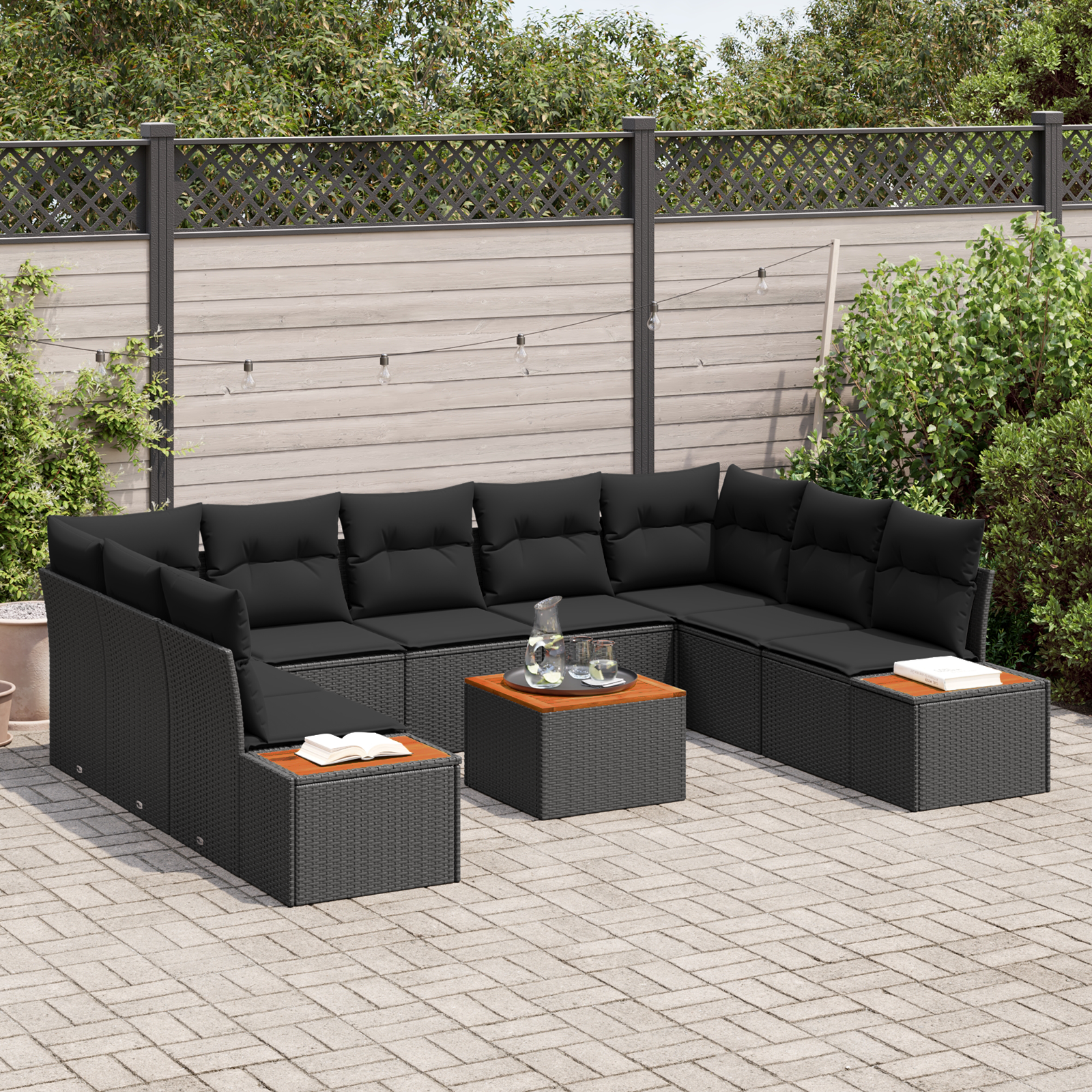 Set Divano da Giardino di 6 Pezzi con Cuscini Nero Polyrattan Acacia