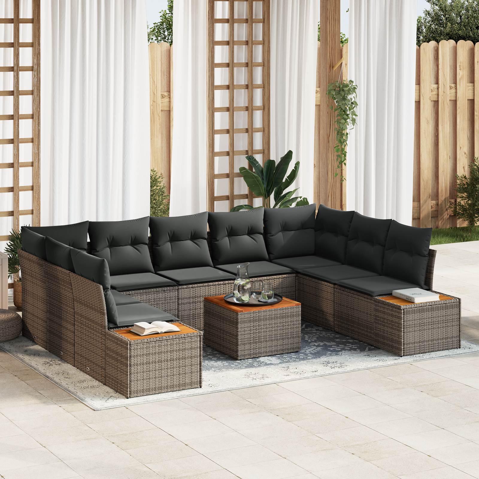 Set Divano da Giardino da 6 Pezzi con Cuscini Grigio Polyrattan Acacia
